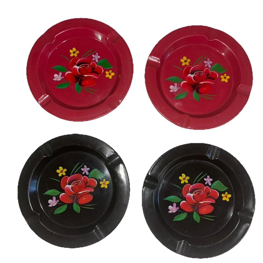Ashtray Metal Tole Red Rose Flowers Restaurant‎ Cigarette Lot Of 4 Vintage